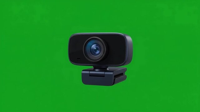 3D animation of modern webcam turning on with glowing lens circle pulse effect isolated on green screen background