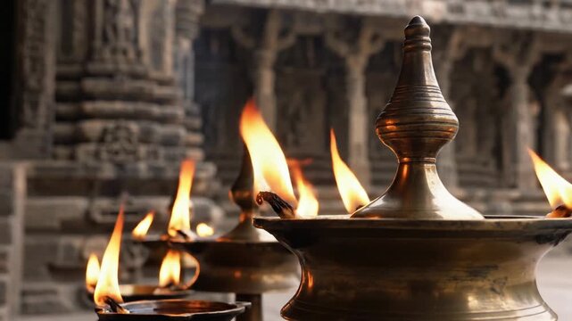 Traditional Oil Lamps Lit for Religious Ceremony at Beautiful Hindu Temple in Ayodhya During Festival