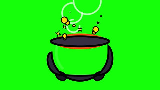A bubbling cast iron cauldron filled with magical liquid potion and floating glowing gold coins creates a mysterious atmosphere inspired by folklore tales of witches brewing enchanted substances