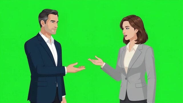 Animated businessman and businesswoman talking and gesturing on chroma key green screen, corporate business partners discussion