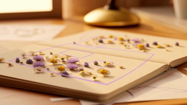 Open notebook covered with yellow and purple flowers as glowing violet geometric outlines expand across textured pages on a warmly lit wooden desk beside scattered papers