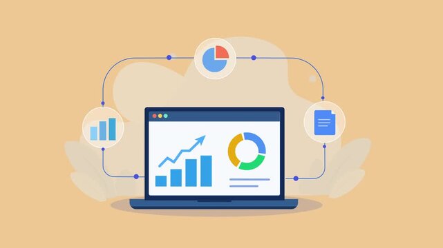 Flat vector animation showing a laptop with analytics charts connected to data icons for business intelligence, performance tracking, reporting, and digital analysis.