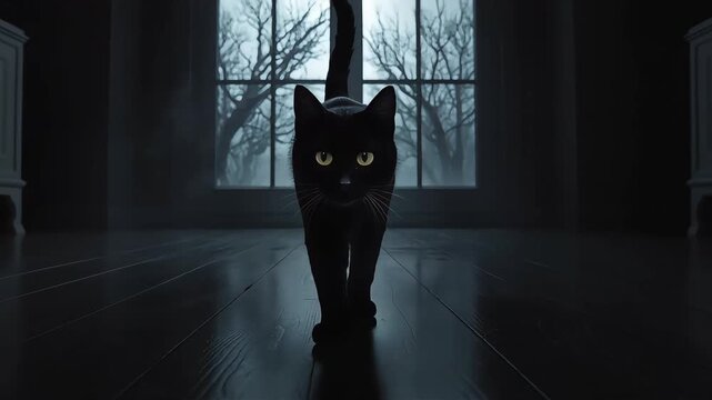 Mysterious black cat walking forward across dark wooden floor towards camera in spooky haunted house video footage