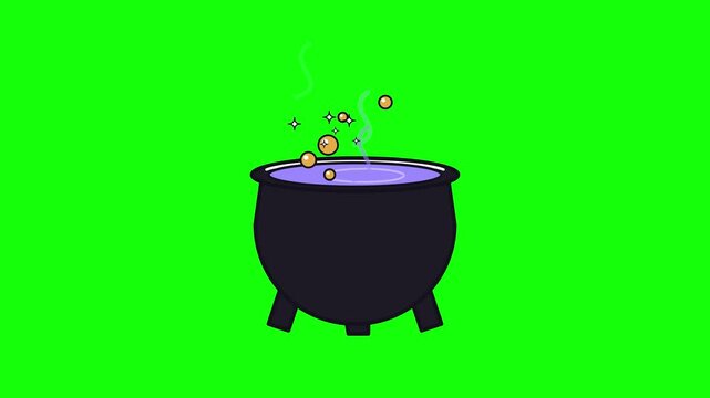 Black cast iron cauldron bubbling with a mysterious purple magic potion releasing golden sparkles and steam vapors for halloween festivities or fantasy themed stories about ancient alchemy