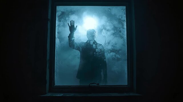 Mysterious silhouette of person touching frosty windowpane in dark room with blue horror motion footage background