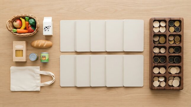 Grocery store play set with wooden food items and sorting cards for early childhood market activity.
