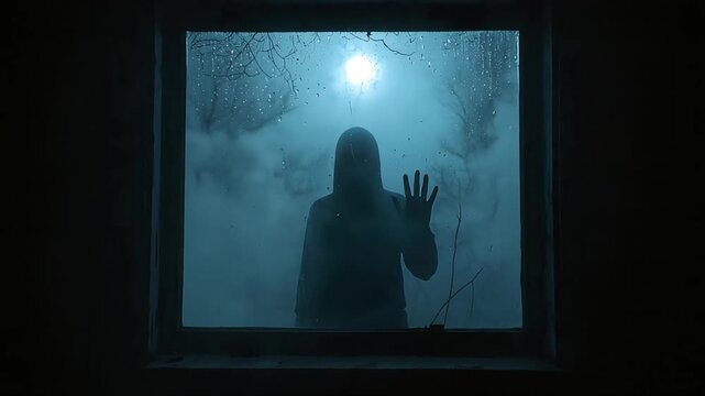 Hooded figure silhouette touching glass window during rainy night in creepy cinematic stock video footage
