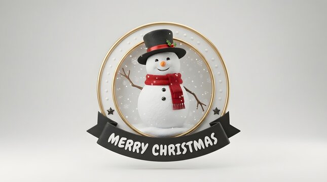 3d snowman in a top hat and red scarf inside a circular frame, isolated on white background, merry christmas banner, festive holiday graphic