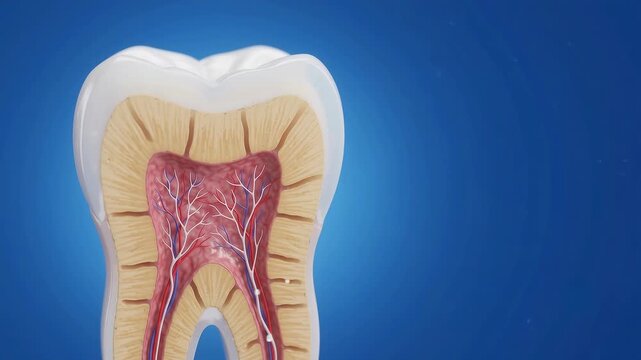 Human Tooth Anatomy Cross-Section - Animated Particles Moving Through Dentinal Tubules - Medical 3D Illustration Footage