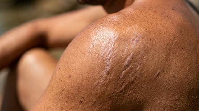 Close up of human skin showing prominent stretch marks or striae on the thigh area demonstrating skin texture and aging