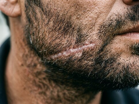 Close up of man s face showing beard skin texture and healing scar on upper lip area realistic portrait detail