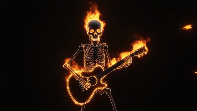 Flaming skeleton playing electric guitar animation footage with fiery orange particle effects against a dark background