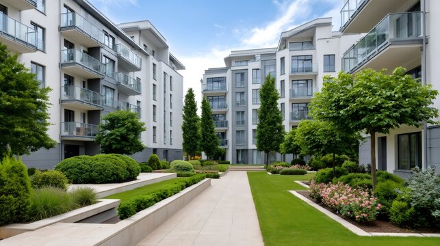 Modern residential complex with landscaped courtyard garden