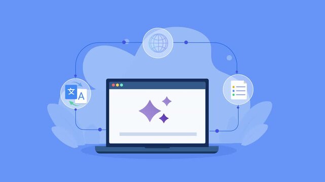 Flat vector animation showing a laptop with an AI interface connected to language and document icons for translation, content processing, and digital workflows.