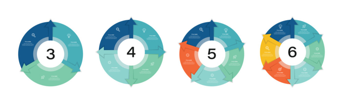 Circle arrows infographics set. Circular arrows with 3-6 steps, options. Template for cycle diagram, process chart, presentation and round chart.