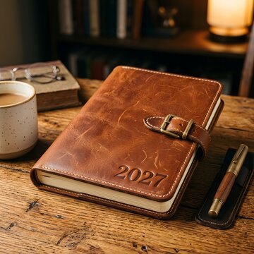 Embossed Leather Journal with 2027 on Wooden Desk