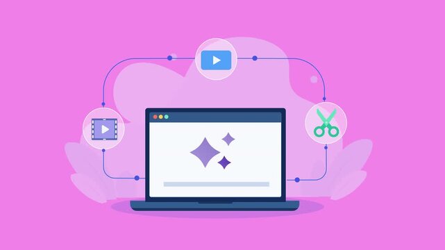 Flat vector animation showing a laptop with an AI interface connected to video, document, and editing icons for creative content production and digital workflows.