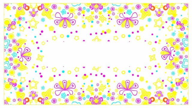Colorful doodle border steadily expands around blank white center as stars, floral shapes, circles and bright dots multiply along edges in yellow, pink, cyan and orange