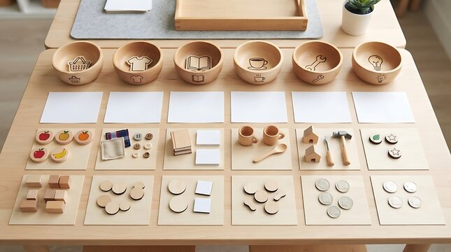 Montessori classification sorting game with wooden bowls cards and objects on a classroom table.