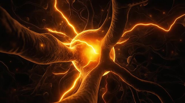 Glowing neuron cells firing electrical impulses in human brain background motion video footage animation