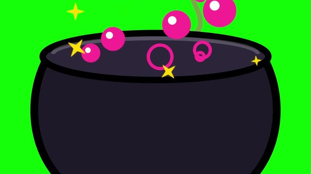 A bubbling black iron cauldron containing a mystical purple potion with floating bright pink spheres and glowing yellow star shapes for fairy tale magic and alchemy themed festive creative
