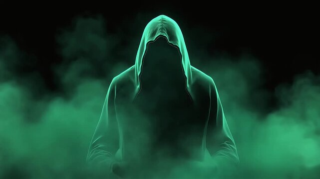 Mysterious hooded figure emerging from glowing green smoke in dark digital video footage background