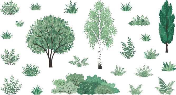 Flat vector trees and bushes collection with green plants grass and shrubs isolated on white background for landscape design illustration