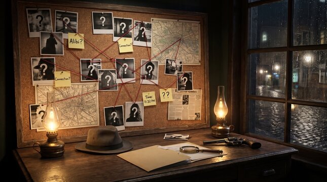 A detective's investigation board with clues and evidence in a dark room