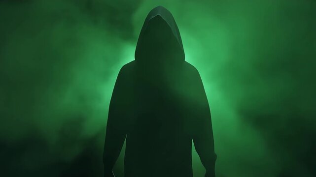 Mysterious hooded figure walking forward through thick emerald green smoke filling a dark studio video clip
