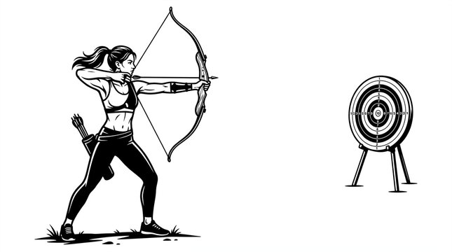Focused athletic woman pulling her bowstring to aim an arrow directly toward a circular bullseye target during an exciting outdoor archery practice session today