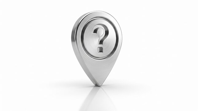 Shiny Metallic 3D Map Pointer Pin Icon with Question Mark Symbol Isolated on White Background for Navigation Search Help and Information Concepts