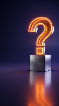 3D rendering of a glowing neon question mark symbol on a dark blue background representing mystery problem solving and inquiry
