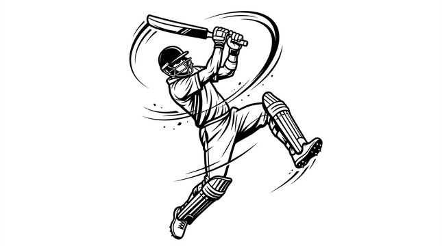 Dynamic cricket player swinging bat with powerful athletic motion in dramatic vector graphic style showing detailed protective gear and helmet