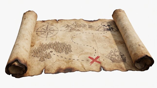 Old vintage treasure map on a rolled paper scroll with a compass rose and a marked red cross for adventure