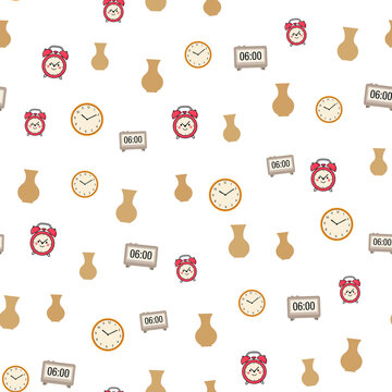 Seamless pattern of red alarm clocks and vases