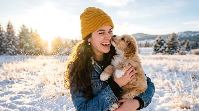 Happy young woman holding a cute puppy outdoors in a snowy winter