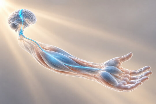 Nervous system connects brain to arm muscles showing somatic control in detailed anatomical illustration with light rays