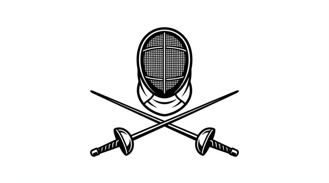 Fencing mask featuring protective mesh and metallic visor accompanied by two crossed &eacute;p&eacute;e swords forming a striking emblem for competitive martial sports enthusiasts