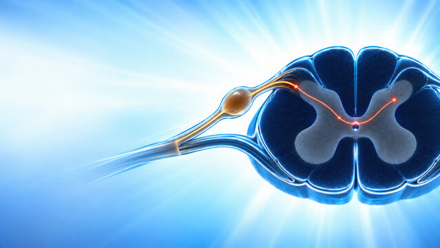 Somatic nervous system illustration showing nerve signal transmission through spinal cord with glowing effect and blue background light rays