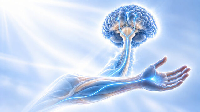 Somatic nervous system illustration showing brain and arm nerves glowing with light in translucent human body with radiant background