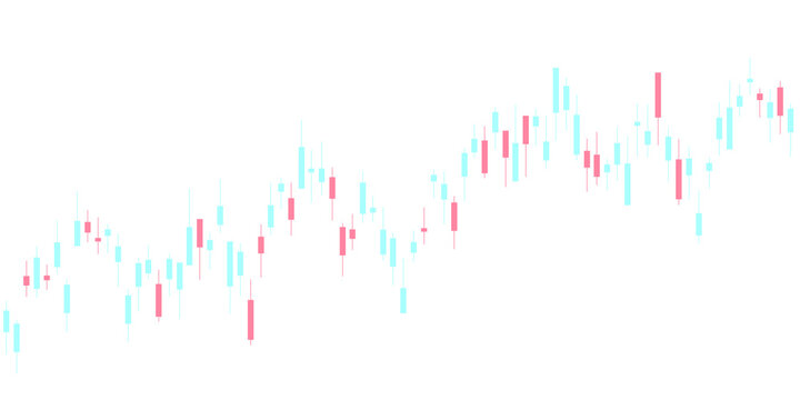 Rising turquoise and pink candlestick market chart, Colorful turquoise and pink candlestick chart rising across a transparent background, showing market price movement and trading activity.