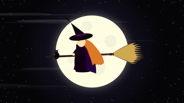 Witch riding broomstick with black cat across full moon on dark starry night sky