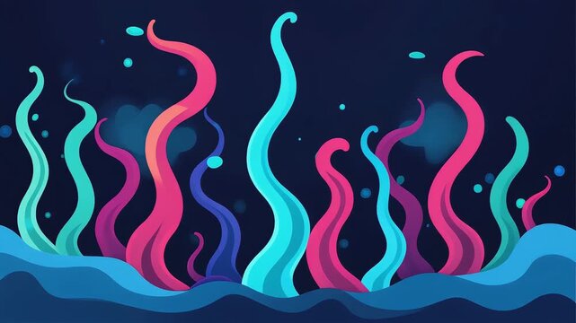 Colorful underwater tentacle motion background animation featuring vibrant glowing aquatic plants swaying gently in deep ocean currents video clip