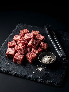 Raw beef cubes ready for cooking seasoned