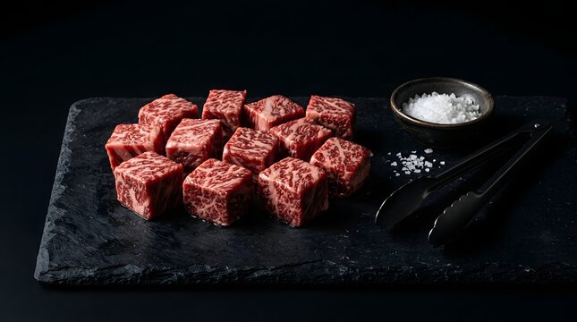 Raw beef cubes seasoned with salt ready for cooking