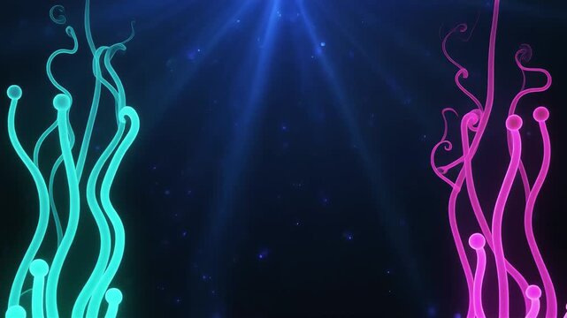 Glowing underwater neon coral tentacles swaying gently in deep ocean water with sun rays beaming down in this motion video clip