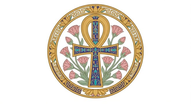Decorative circular Christian Celtic cross emblem featuring intricate floral motifs and traditional religious artwork, symbolizing faith and spirituality.