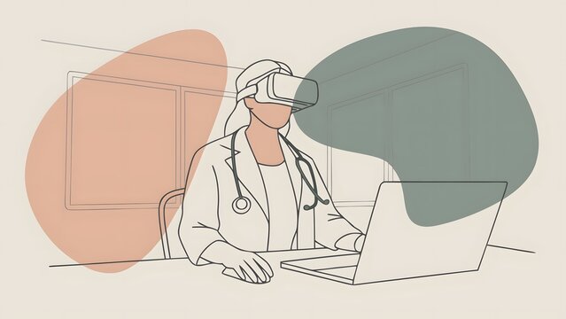 Virtual reality medical training and digital healthcare simulation. Innovative technology and telemedicine needs. Female doctor wearing VR headset using laptop computer