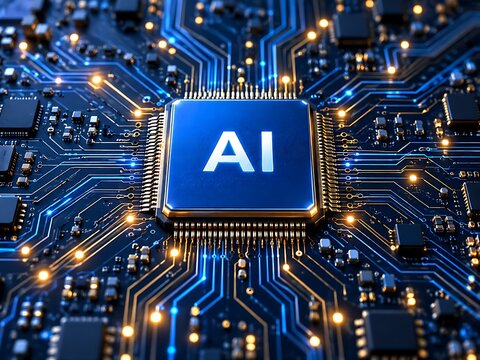 Advanced Artificial Intelligence AI Microchip on a Glowing Circuit Board with Blue and Golden Data Path Connections Representing Machine Learning, Deep Learning, and Futuristic Computing Power