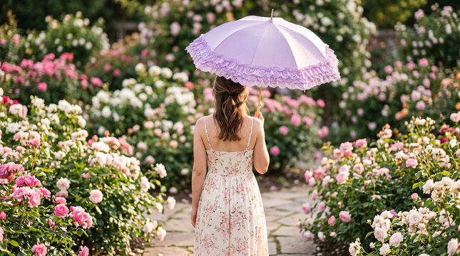 Personne marchant dans un jardin fleuri avec une ombrelle lavande